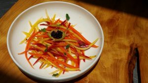 Organic Rainbow Carrot Salad, Sushi Vinegar, Sweet Chili Garlic Sauce, Sesame Seeds, Cilantro, Watermelon Radish, Soy Caviar